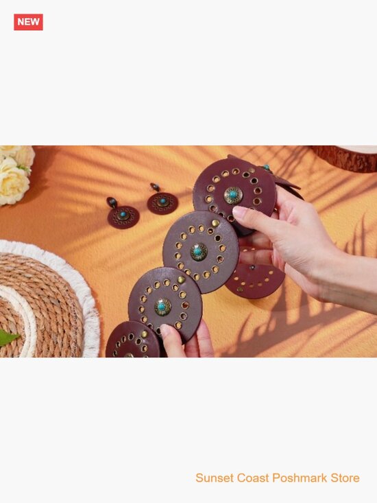 Women PU Leather Western Belt and Earrings Set Cowgirl Disc Country Outfits